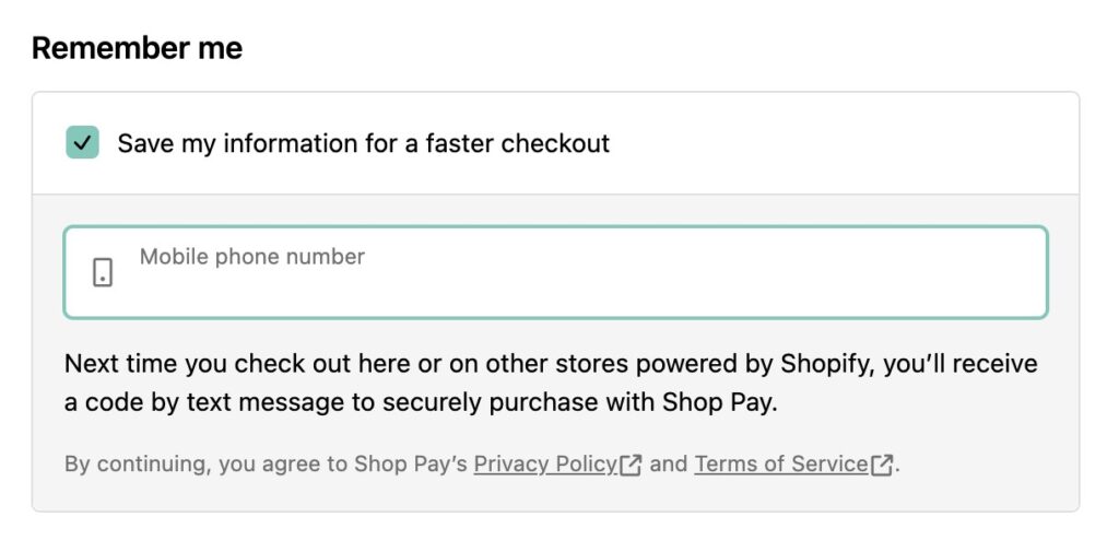 Screenshot of checkout process allowing customers to save their information for next time
