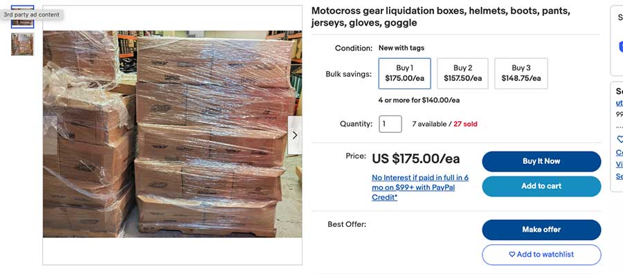 eBay listing for estate liquidation of motorcycle gear.