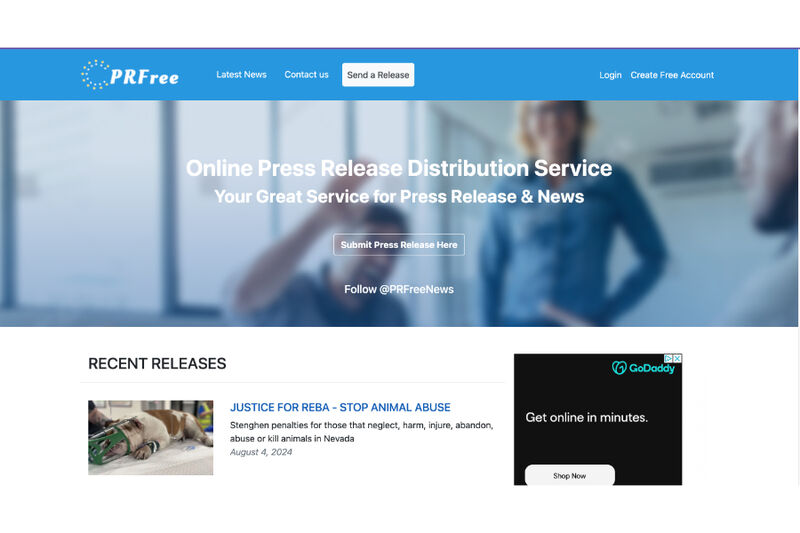 The home page of PRFree's website.