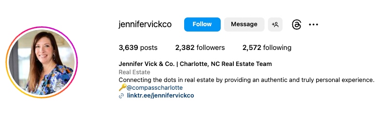 Example real estate team Instagram profile and name.