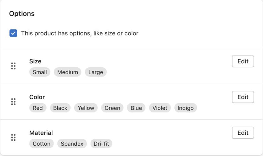 Set up variants of a product in Shopify from color, size and metarial.