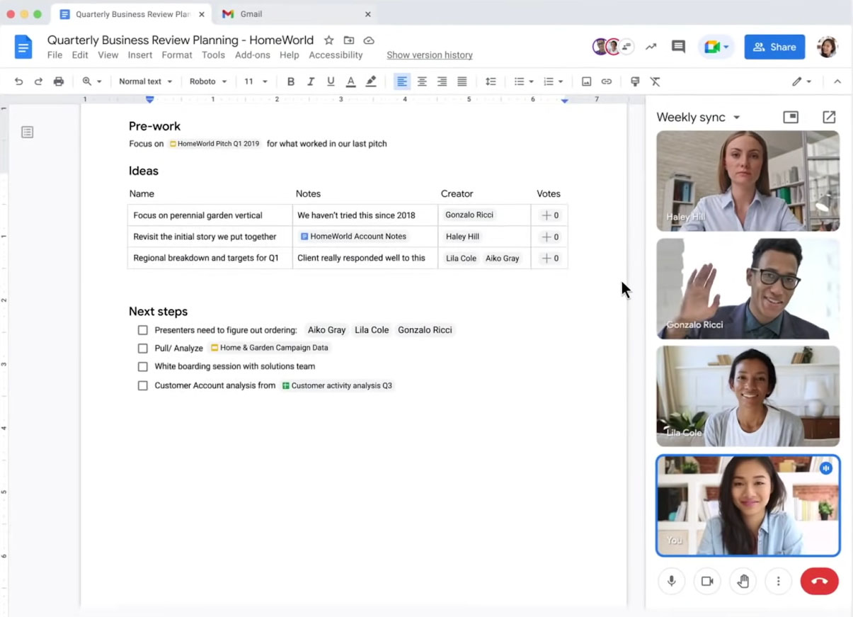 A screenshot of how smart canvas works within Google Docs.