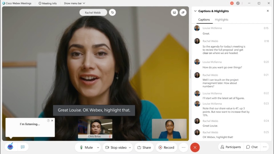 A screenshot of a video meeting with Webex Assistant enabled.