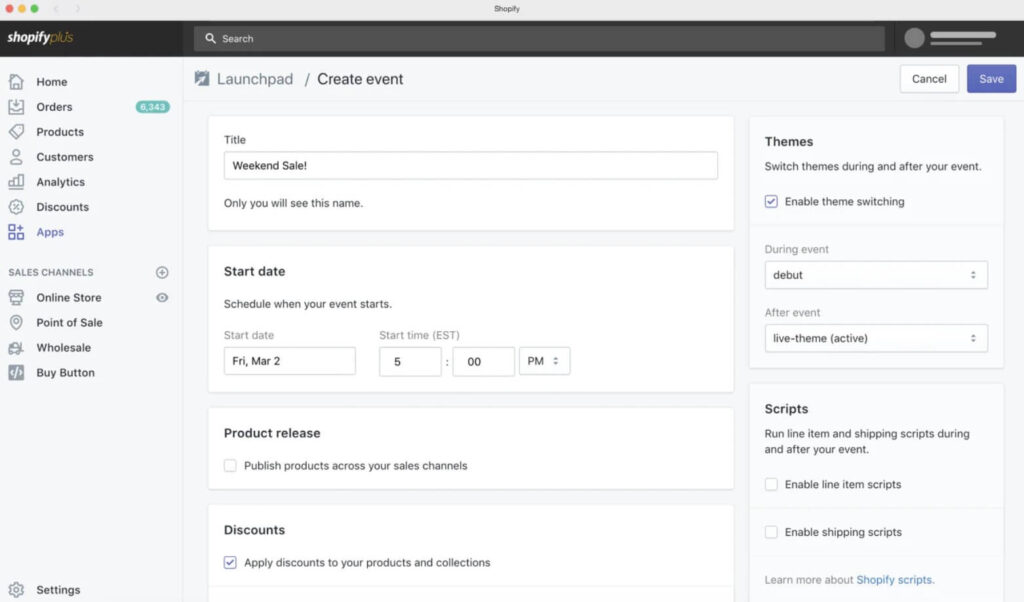 Shopify Launchpad how to create an event from the Shopify admin dashboard