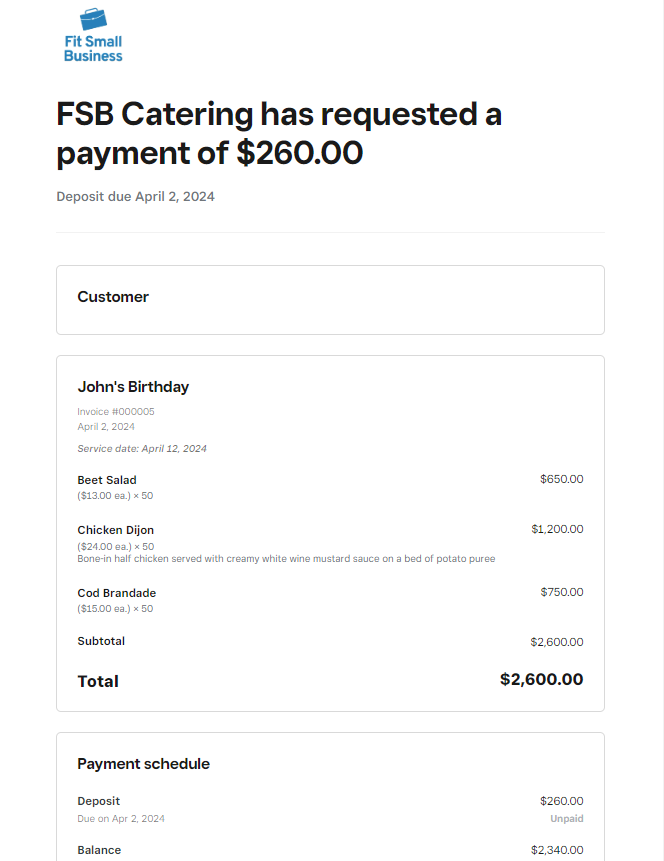 Square invoice for a catering company