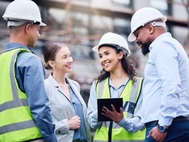 Engineers and architects collaborating at a construction site.