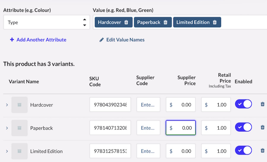 Lightspeed product variant information page.