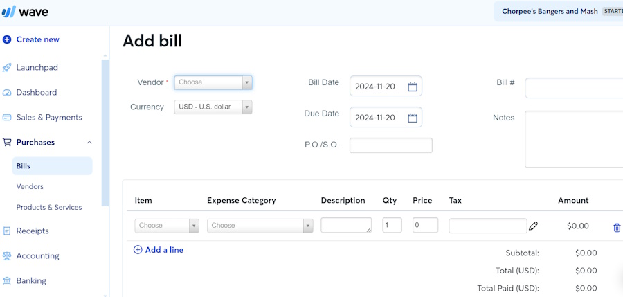 Wave Payments Add Bill screen.