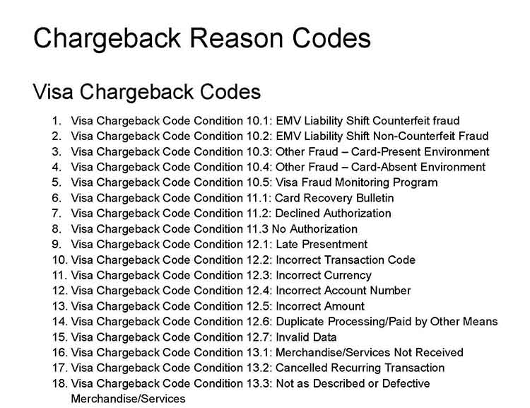Chargeback reason codes.