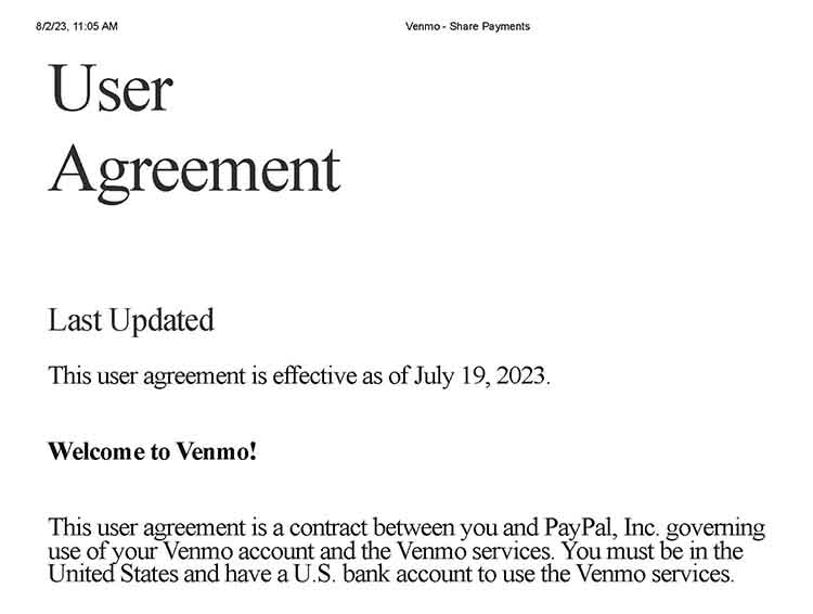 Venmo user agreement 19 July 2023.