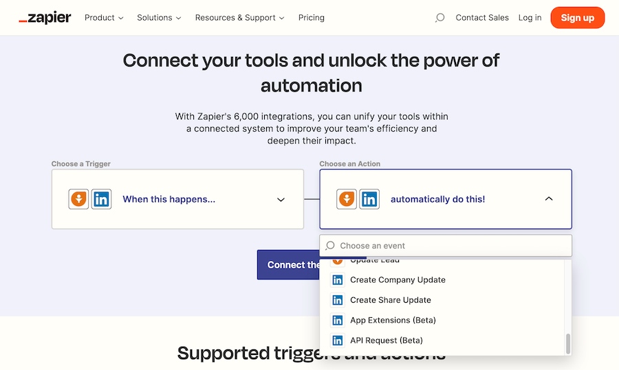Some of the LinkedIn automations that Freshsales users can trigger via Zapier.