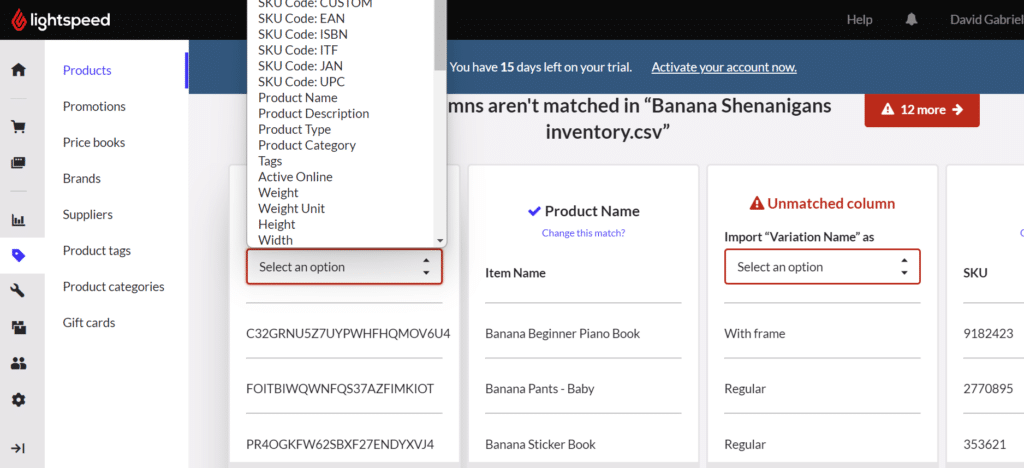 Unmatched columns in Lightspeed inventory import page.