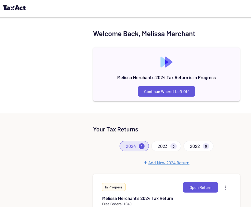 TaxAct dashboard