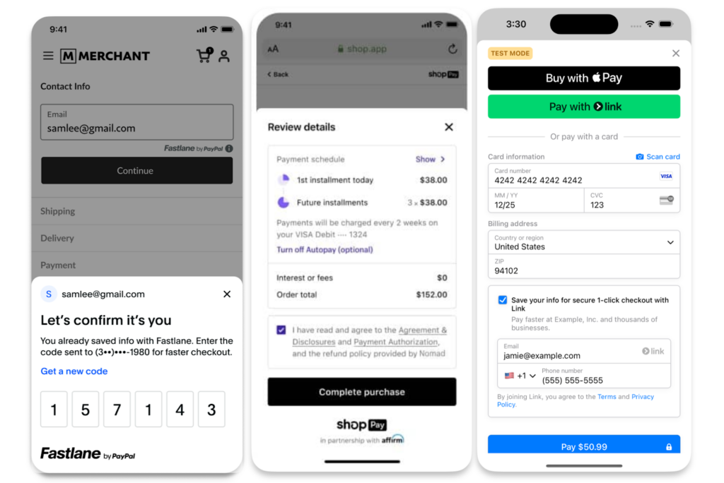 3 one-click checkout on mobile from PayPal, Shopify, and Stripe