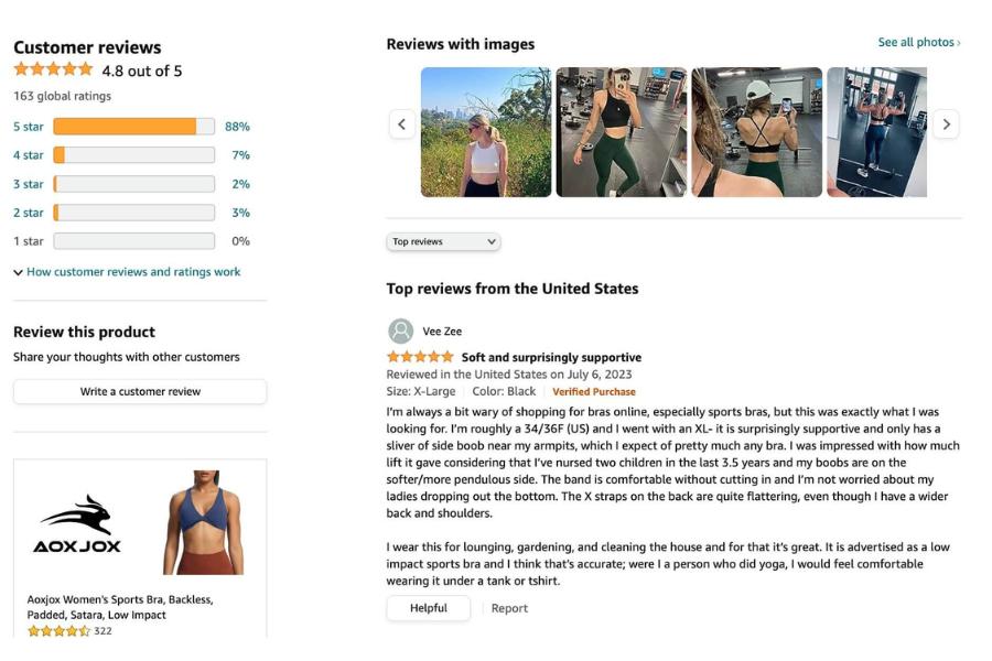 Amazon customer review with images on a sports bra product page