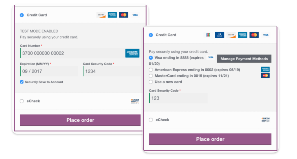 Authorize.net side-by-side credit card checkout forms showing test mode and saved card selection options.