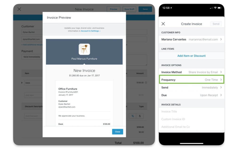 Digital invoice feature displayed on a computer and smartphone.