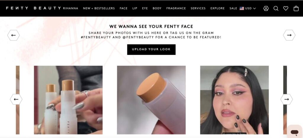 Fenty Beauty's curated feed for user-generated content on its website