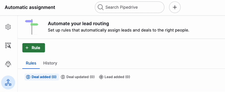 A Pipedrive user clicking the "+Rule" button in the automatic assignment settings, clicking the "Deal" option and hovering over the event choices, and then clicking the "Lead" button.