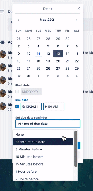 A Trello user configuring the due date reminder and setting the notification two days before the deadline.