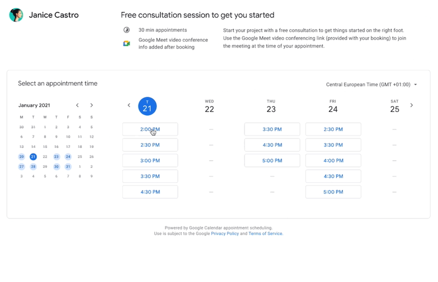 Google Calendar's sample booking page with several options for the appointment slot.