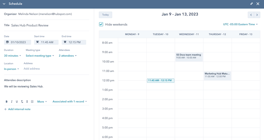 HubSpot Meeting Scheduler's calendar with details of the meeting.