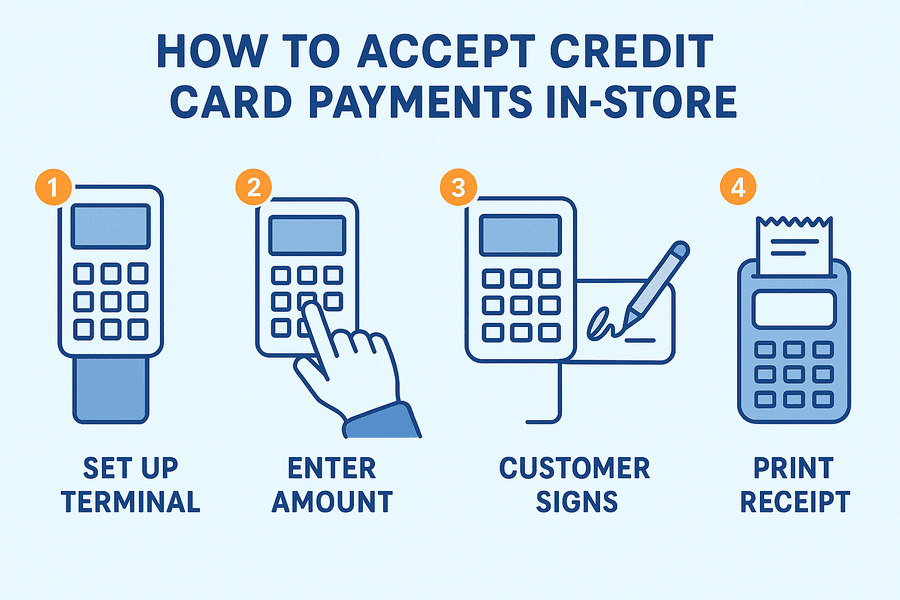 Infographic showing 4 steps to accept in-store credit card payments: set up terminal, enter amount, customer signs, and print receipt.