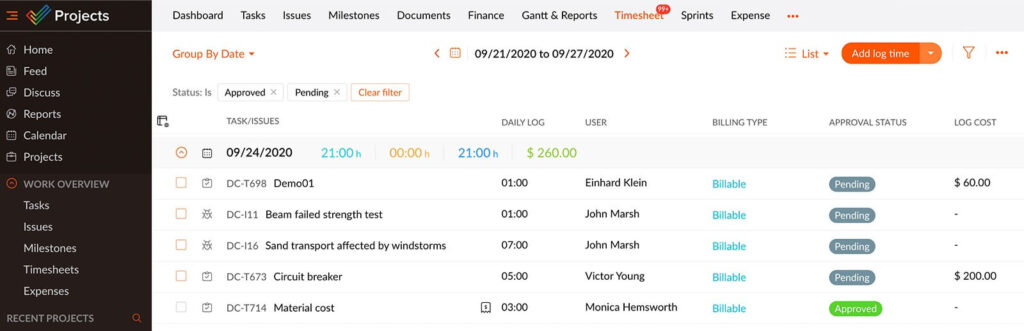 Interface of the Zoho Project timesheet