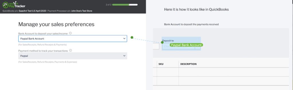 Screen where you can map fields in PayTraQer with those in QuickBooks Online during integration