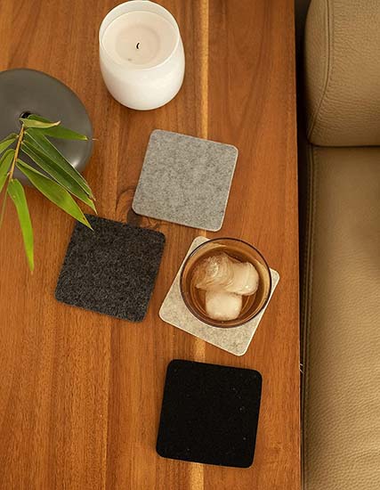 Coasters on a coffee table.