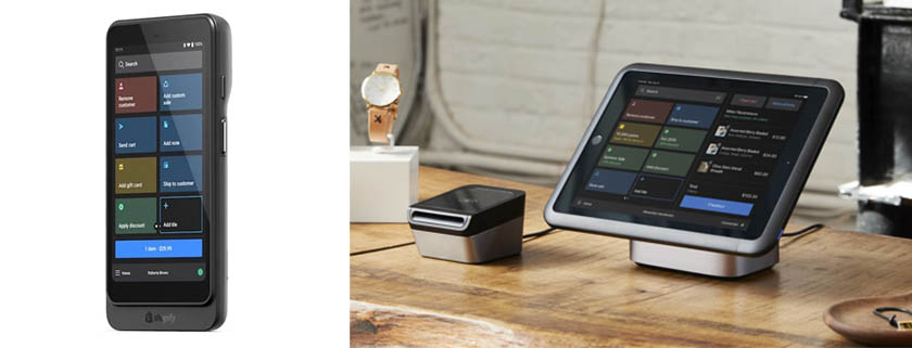 Some of the hardware offered by Shopify POS is its Shopify Go (left), an all-in-one POS device complete with an integrated card reader and barcode scanner.