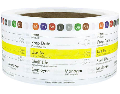 Roll of dissolvable time and date food prep labels.