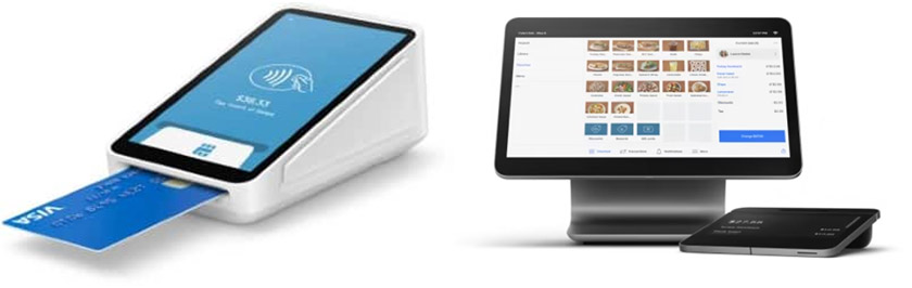 Among Square’s hardware options is a standalone POS terminal (left), which costs $299 and can take orders, accept card payments, and issue receipts, and a register (right).