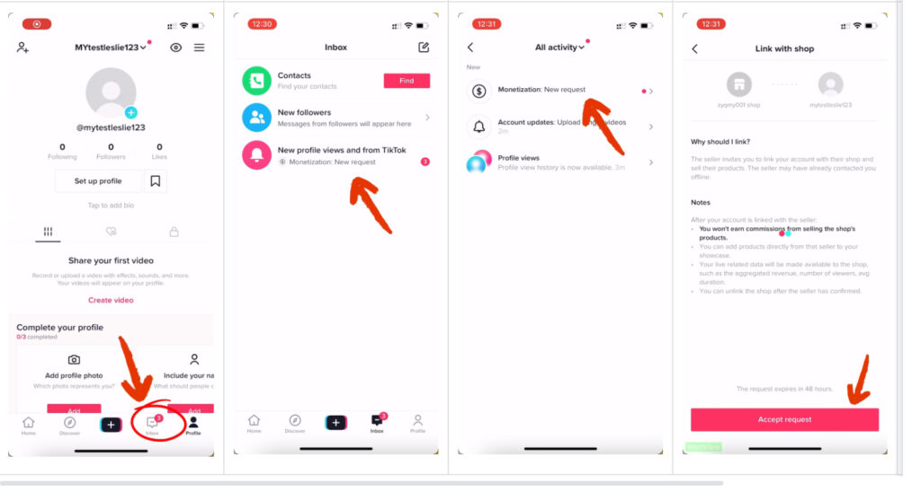 How to accept a link invite to link TikTok account to a TikTok Shop from the TikTok app.