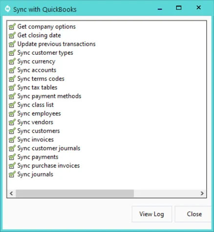 Sync with QuickBooks page showing a list of sections that have successfully synced with QuickBooks Online.