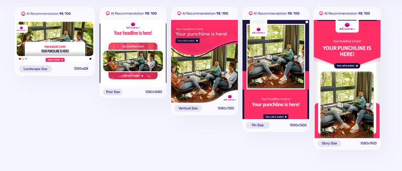AdCreative.ai image and social ad generator shows creative options formatted for various social platforms.
