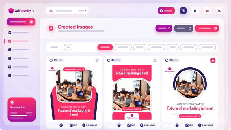 AdCreative.ai image and social ad generator shows creative options with predictive lead scoring.