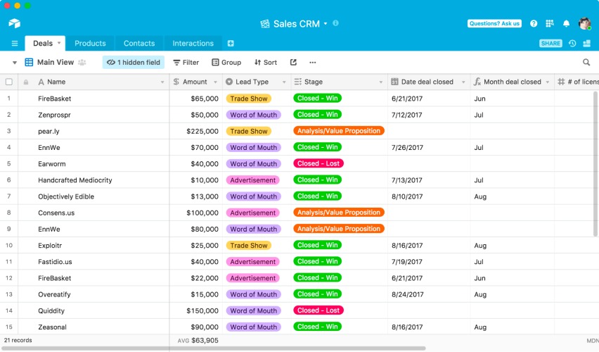 Airtable interface showing color coded remarks and criteria.