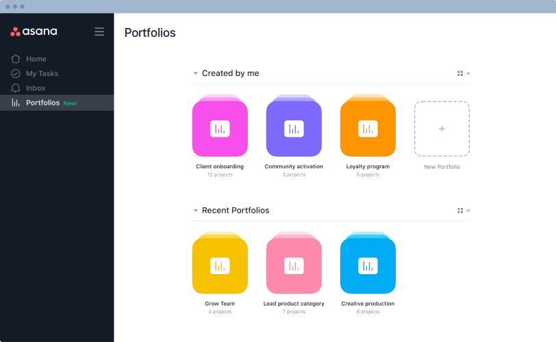 Asana Portfolio interface showing different folders.