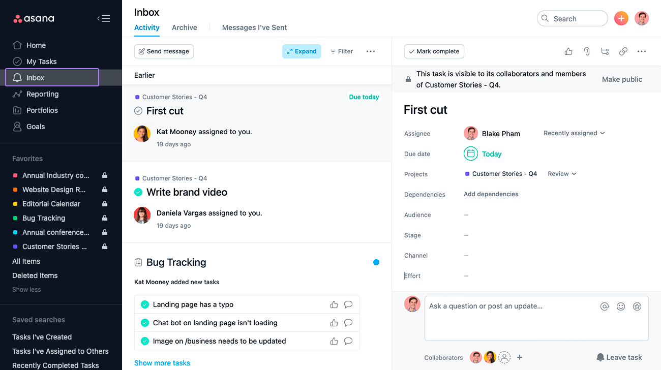 Asana's inbox feature open to a task named "First cut."