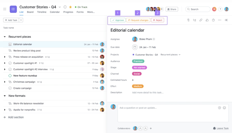 Asana interface showing a list of tasks on the left-hand side and an opened window to a task on the right.