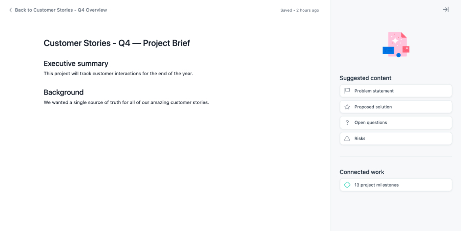 Asana interface showing the project brief page titled "Customer Stories - Q4" with prompts for creating the executive summary and project background and a separate panel on the right side of the screen displaying "Suggested content" and the options "Problem statement," "Proposed solution," "Open questions," and "Risks".
