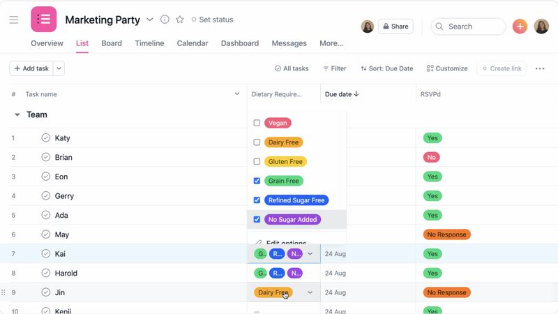 Selecting multiple values for a single custom field on an Asana project list view.