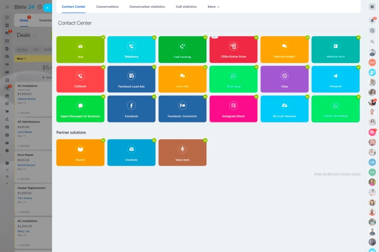 Dashboard with tiles representing different business communication tools.