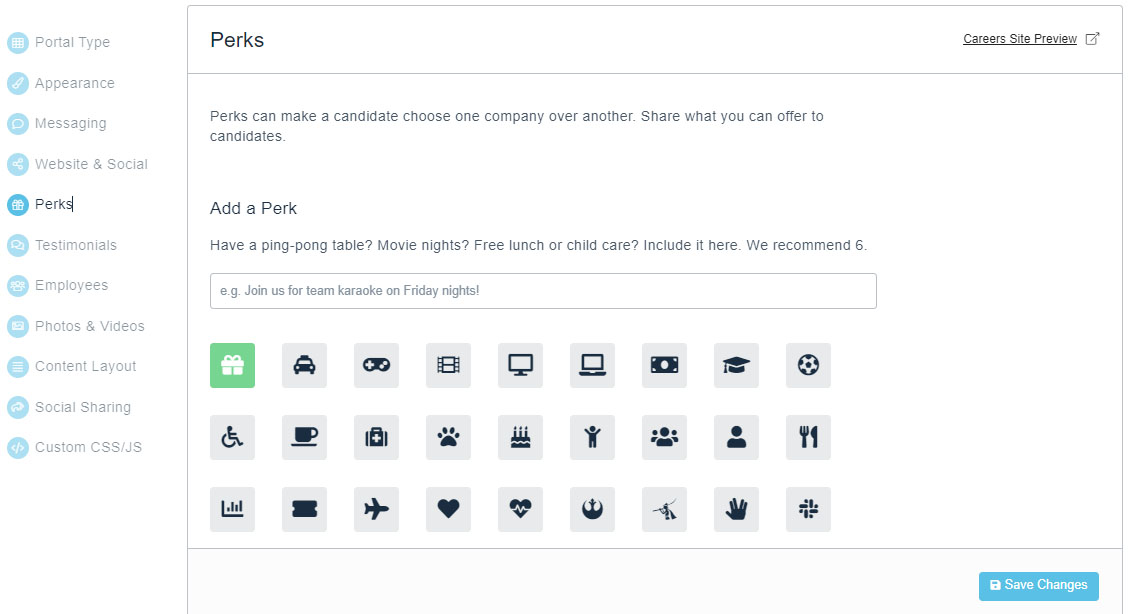 Breezy HR's perks allow you to add employee perk icons to your career site.