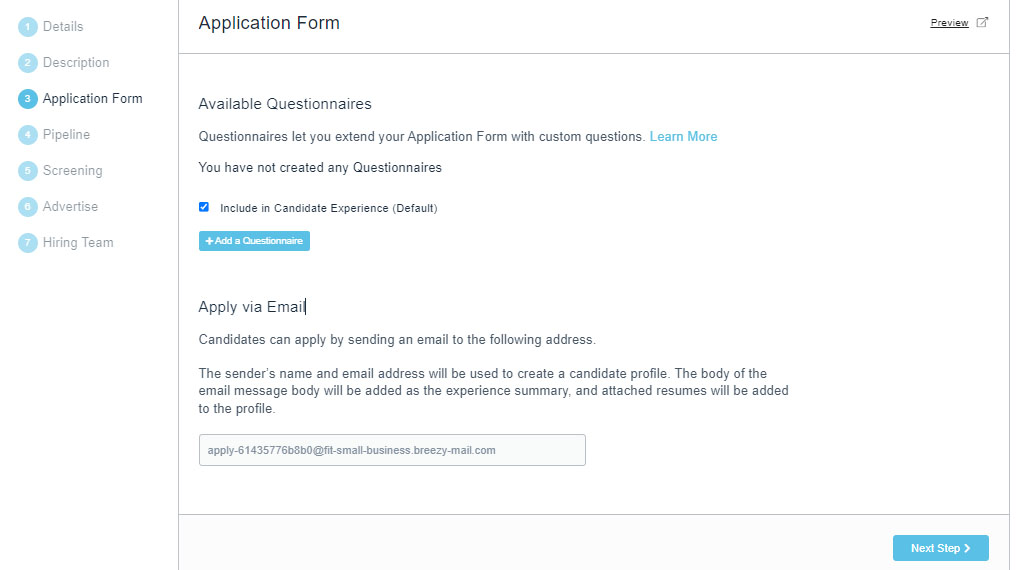 Breezy HR lets you set up candidate application requirements for open positions.