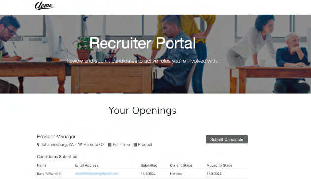 A snapshot of a sample Breezy HR external recruiter portal.