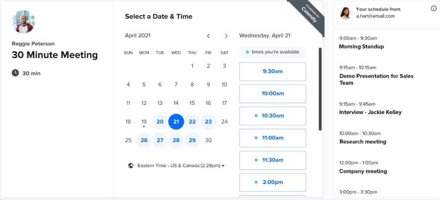 An example of Calendly's scheduling portal.