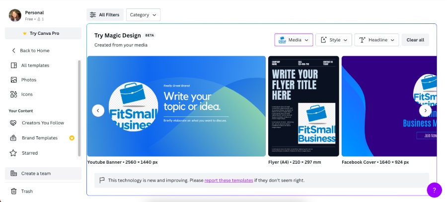 Canva's AI tool generating marketing asset templates from the FSB logo.