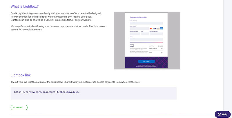 CardX Lightbox settings page in the merchant portal.